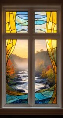 Fototapeta premium Stained glass window depicting a serene autumnal river view