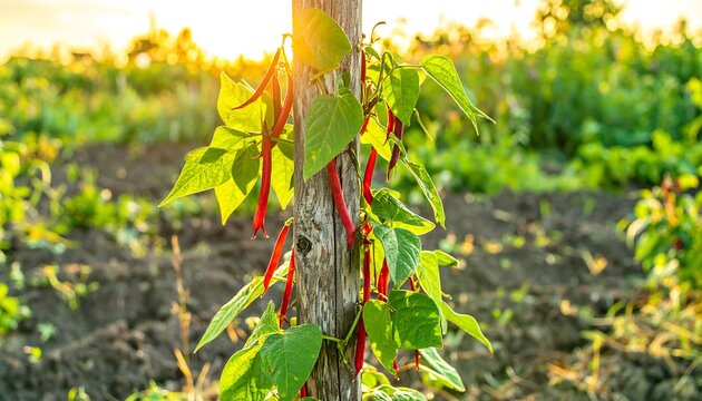 Beans climbing a wooden post at sunset