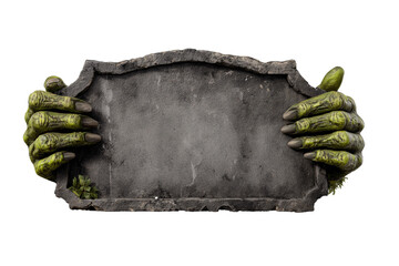 Funny monster hand holding grave-shaped Halloween sign, PNG transparent
