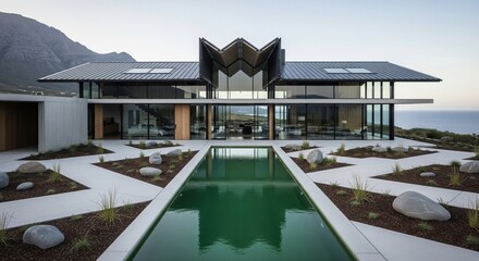 Obraz premium Expansive modern residence featuring a retractable folding roof, expansive paneled windows, set against a majestic mountain