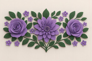 Exquisite lavender and purple floral arrangement with green leaves delicate paper craft art white background