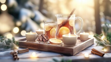 Cozy winter scene with warm spiced apple cider and rustic holiday decor