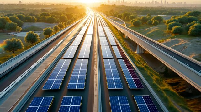 Long rows of solar panels installed along modern highway at sunrise with bright golden light shining over landscape