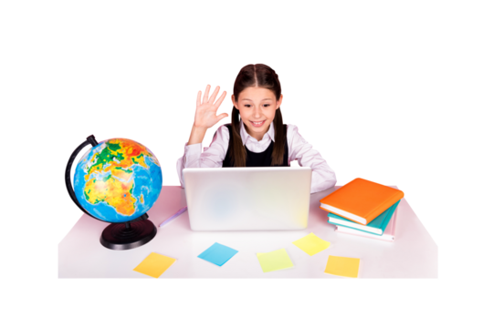 Composite photo collage of happy schoolgirl wave hand macbook elearn desk supplies education online concept isolated on painted background