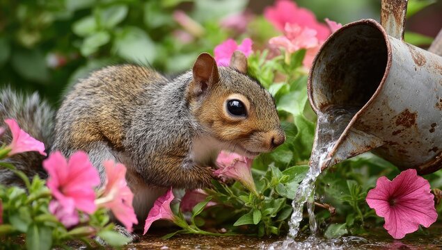 Gray squirrel drinks water from watering can amid pink flowers