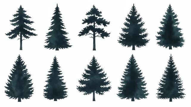 Nine dark silhouettes of pine or fir trees against a white background