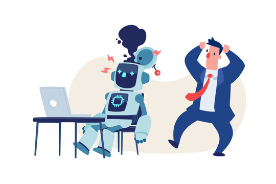 broken robot at office desk with panicked businessman behind