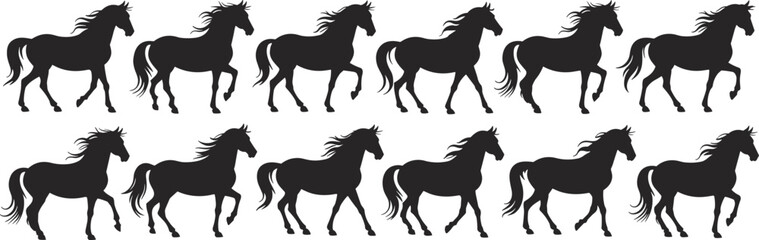 Silhouettes of galloping horses in motion, elegant horse vector illustrations with flowing mane, black animal shapes isolated on white background for art, design, and decoration