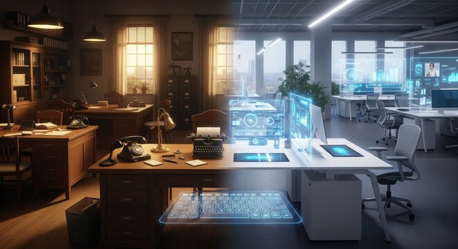 Evolution of office design, from vintage workspace with typewriters and rotary phones to futuristic digital workplace with holographic screens and AI technology