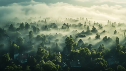 A misty morning over a village nestled within a forest.