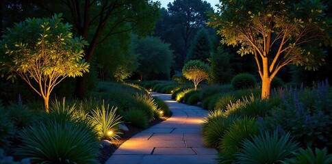Dramatic landscape lighting illuminates a lush garden at night, highlighting the textures of plants and pathways  The warm glow creates a serene and inviting atmosphere ,  shadows,  trees,  exterior