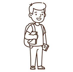 Fototapeta premium Outline illustration of a happy schoolboy holding books with a backpack on white background