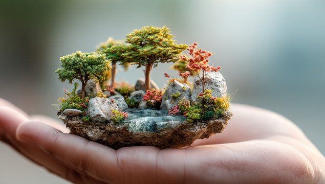 Miniature landscape scene, meticulously crafted, resting on a hand.  Small trees, rocks, and a miniature stream are nestled on a textured base.  Soft, natural light highlights the detailed elements