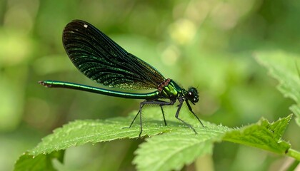 A vibrant dragonfly rests on a leaf