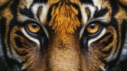 Close-up of a tiger's intense yellow eyes, with sharp focus and a dramatic look, capturing the animal's power and presence.