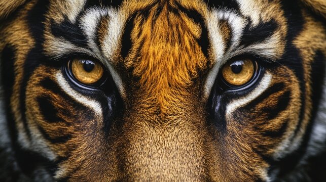 Close-up of a tiger's intense yellow eyes, with sharp focus and a dramatic look, capturing the animal's power and presence.