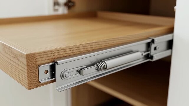 Detailed view of highquality metal rails and softclose mechanisms used in retrofitting pullout pantry shelves for a smooth operation.