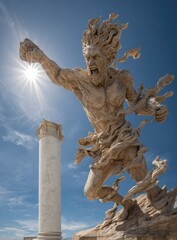 Obraz premium A monumental, light beige stone statue of a powerful figure, sculpted in dynamic action, with flowing, fire-like hair, reaching out in a forceful gesture. A sunburst highlights the outstretched arm.