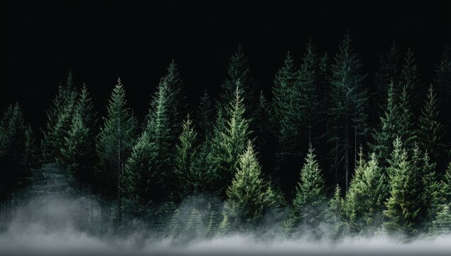 Misty forest at night. Dark silhouettes of evergreen trees line a foggy landscape - Powered by Adobe