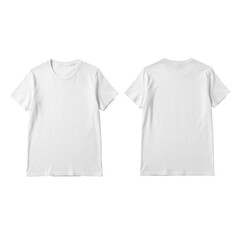 Naklejka premium Two new, uncreased, blank white cotton t-shirts, flat lay, front and back views on a clean, transparent studio background with copy space. Apparel design mockup concept