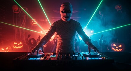 DJ mummy performs at Halloween party with lights