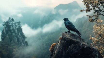 A solitary crow perched on a rock overlooking a misty mountain range.