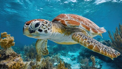 Obraz premium Sea turtle swimming over coral reef. Underwater, vibrant colors, marine life, peaceful, wildlife, nature, underwater world