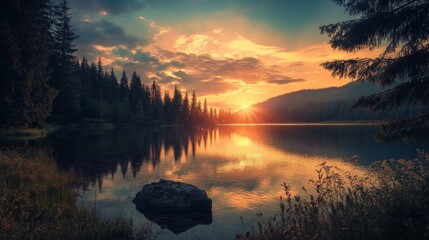 A stunning sunset over a serene lake with a silhouette of trees in the foreground and a rocky outcrop in the water.