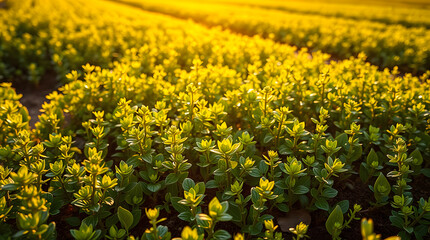 Young green plants sprout in neat rows from dark soil under warm golden sunlight, symbolizing growth and fresh beginnings.