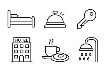 Hotel icons: bed, bell, key, building, coffee, shower in black and white
