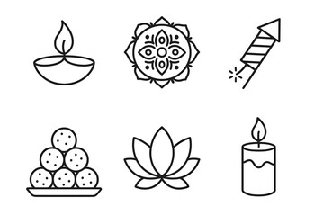 Diwali festival icons featuring candle, firecracker, rangoli, diyas, sweets, and lotus