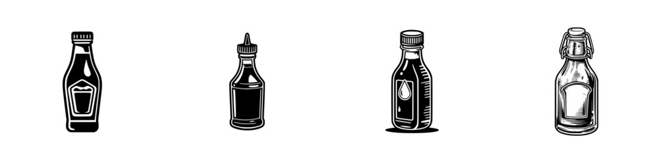 Set of sauce and condiment bottles in a monochrome vintage style for restaurant menus and food packaging