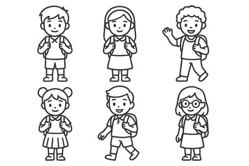 Cartoon children with backpacks in various poses