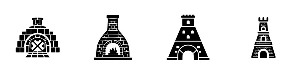 Medieval brick oven furnace and castle tower silhouette for historical architecture and cooking concepts