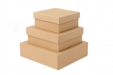 Three closed cardboard boxes forming a stable stack on a transparent background, ideal for delivery and packaging concepts