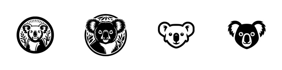 Collection of four black and white koala head logo designs, from detailed emblems to simple minimalist icons for corporate identity
