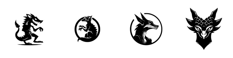Set of black and white dragon monster logos in a minimalist graphic style, collection of mythical beast head icons and fantasy creature silhouettes for emblems or tattoos