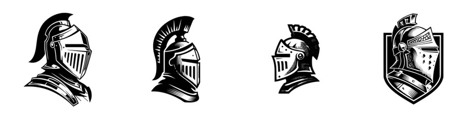 Fototapeta premium Set of black and white knight helmet icons for logos and emblems, showing medieval warrior armor in profile view with a shield design