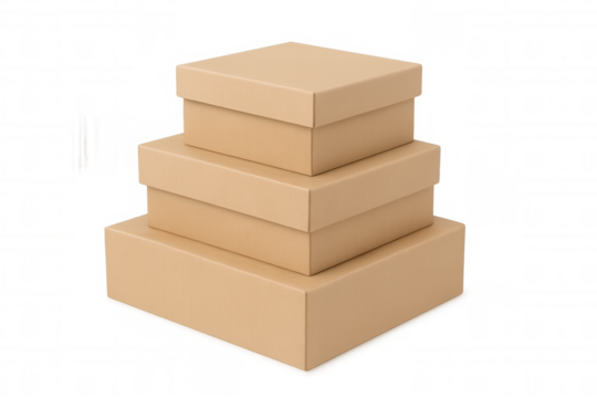 Three closed cardboard boxes forming a stable stack on a transparent background, ideal for delivery and packaging concepts