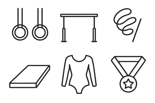 Outline icons of gymnastics equipment including rings, parallel bars, and medal
