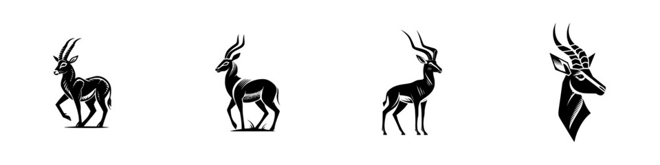 Set of four black gazelle silhouettes in various poses for logo design or icon use isolated on a white background