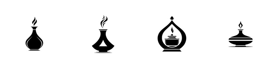 Set of black silhouette icons of antique oil lamps and incense burners with flames and smoke isolated on a white background