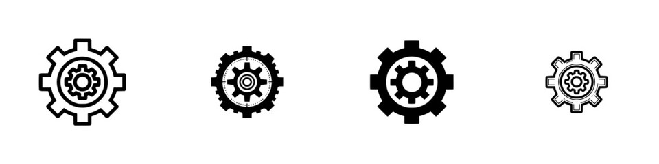 Set of black gear icons for settings, options, and mechanical processes isolated on a white background