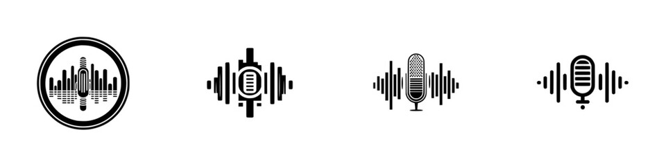 Set of microphone and sound wave icons for podcasting and audio recording, black and white symbols for music and voice