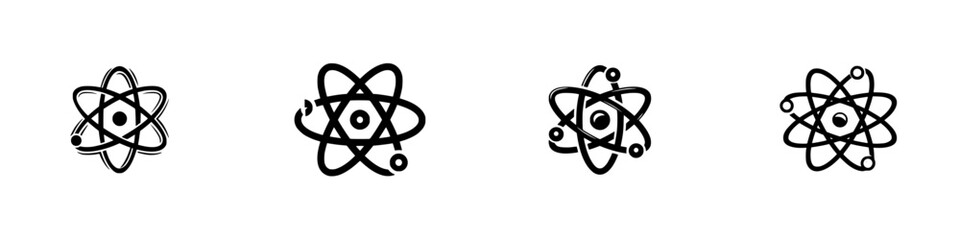 Minimalist atom symbol collection showing nucleus and electron paths, a graphic representation of scientific research, nuclear energy, and quantum physics