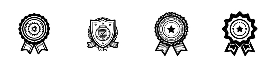 Collection of vintage style quality seal icons and award badges with ribbons isolated on a white background