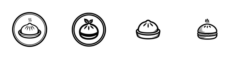 Set of black and white steamed bun icons for Asian food logo design, isolated baozi dumpling symbols with steam