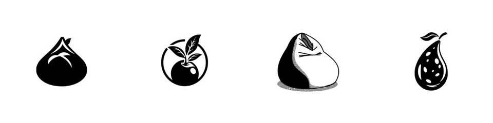 Set of four minimalist fruit icons in black and white, featuring stylized pear, apple, and plant designs for organic food branding and logos