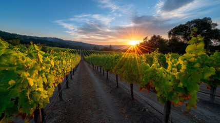 Fototapeta premium Golden sunrise over vineyard rows, grapes and leaves catching first light.