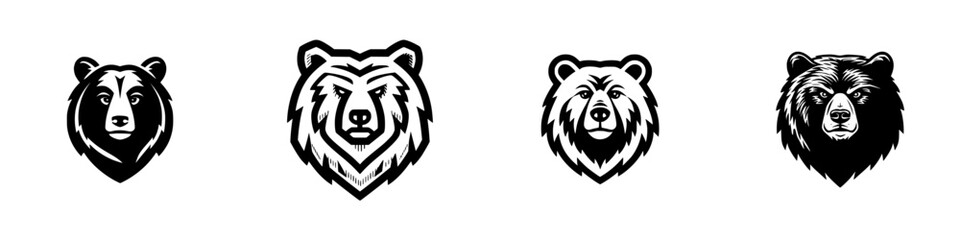 Set of four stylized bear head logos in black and white graphic design for sports mascots or emblems isolated on a white background